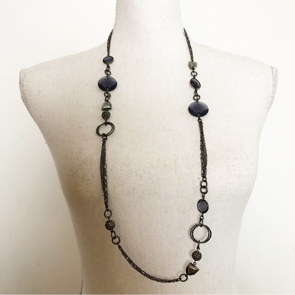 LIA SOPHIA Gun Metal Tone Chain Purple Jeweled Long Necklace - Picture 1 of 16